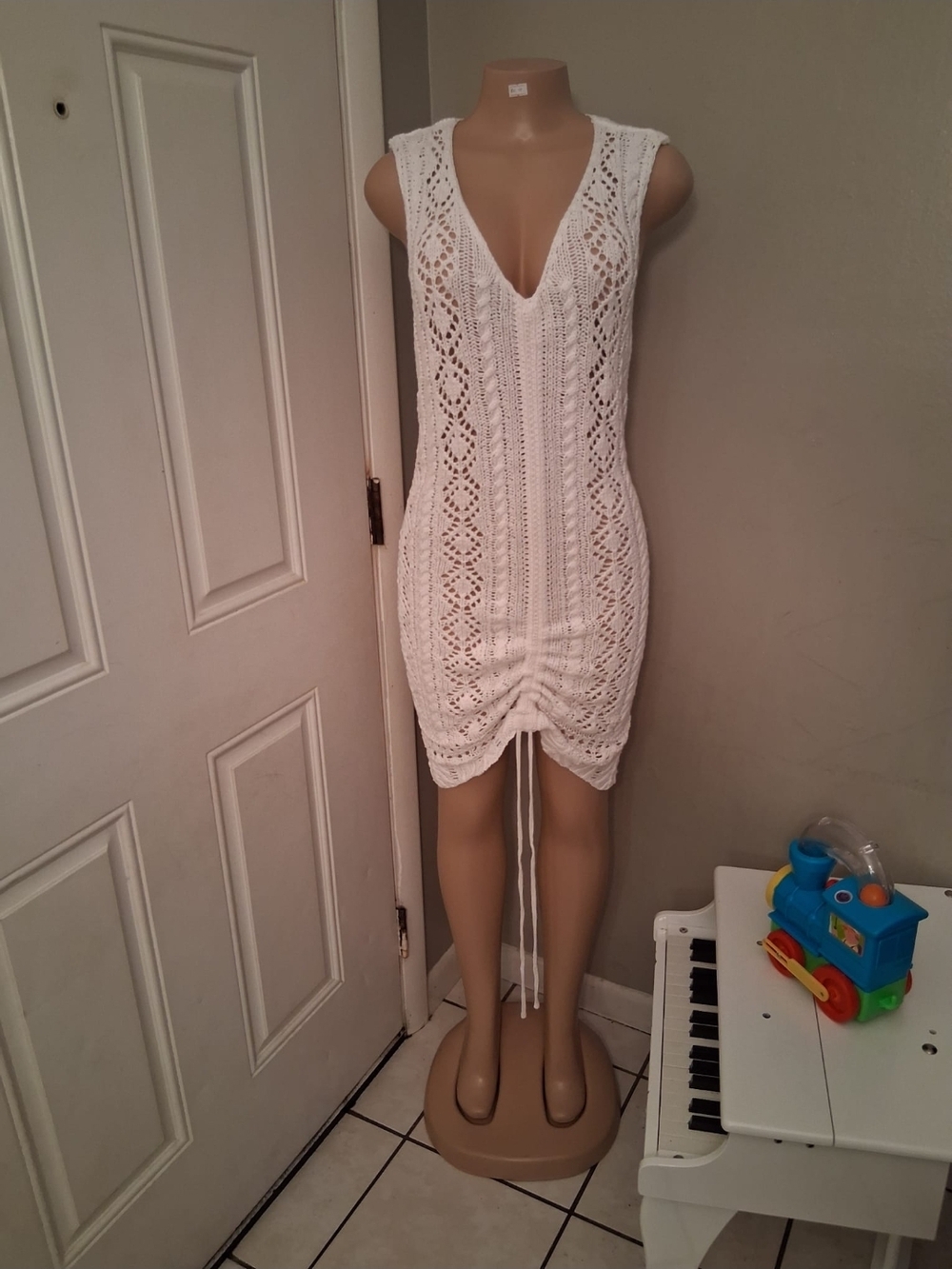 White Crochet V-Neck Drawstring Bodycon Dress